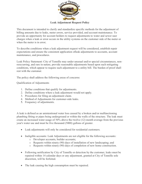 First page of the Leak Adjustment Application