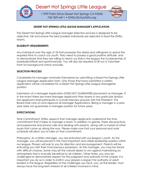 First page of the Little League Manager’s Application