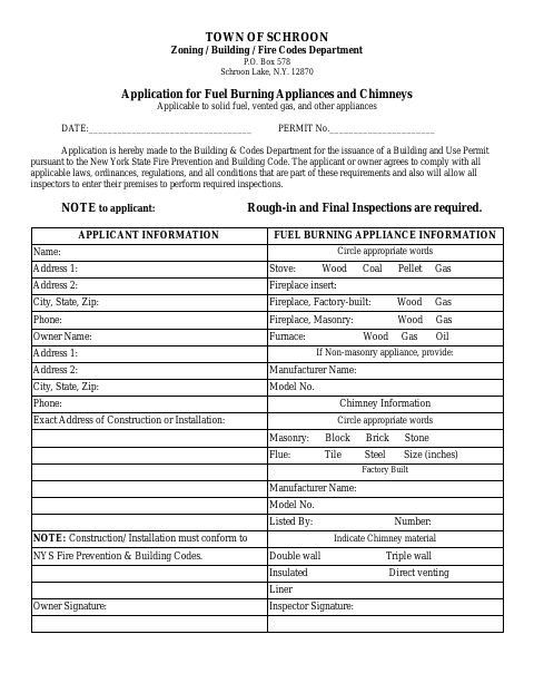 First page of the Application for Fuel Burning Appliances and Chimneys