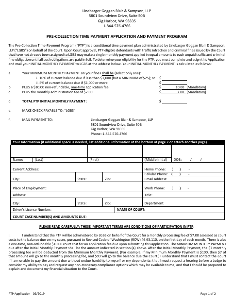 First page of the Pre-Collection Time Payment Application and Payment Program