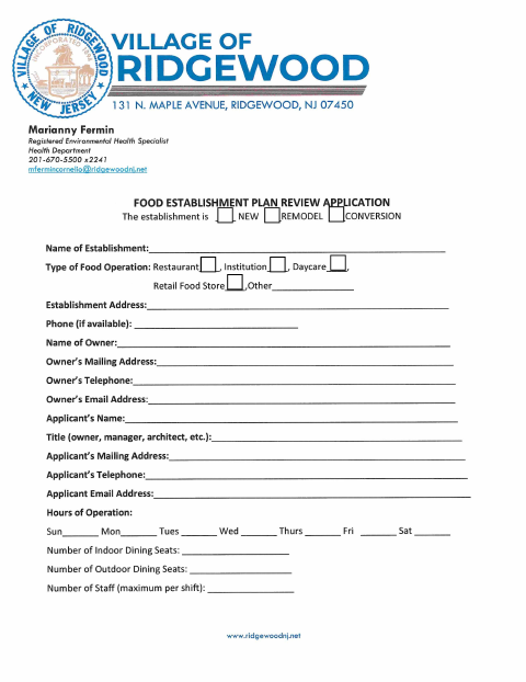 First page of the Retail Food Application Form