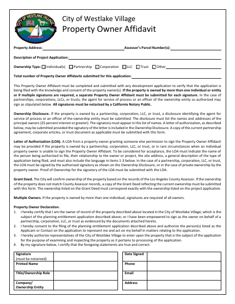 First page of the Property Owner Affidavit