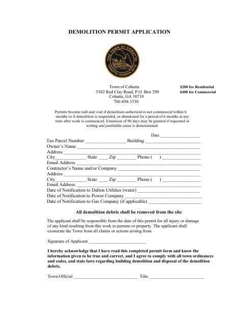 First page of the Demolition Permit Application