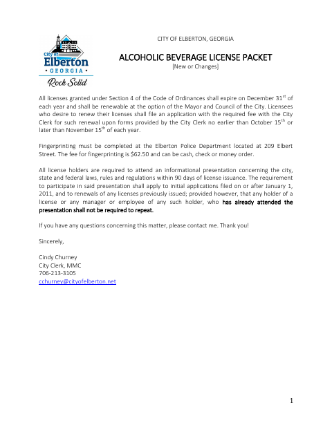 First page of the Alcoholic Beverage License Packet (New or Changes)