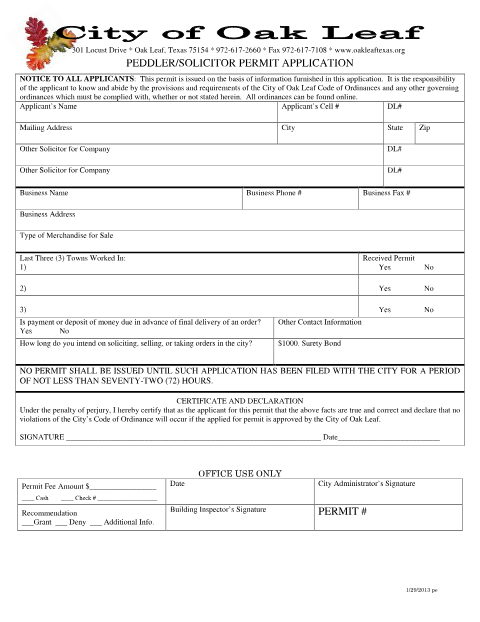 First page of the Peddler/Solicitor Permit Application