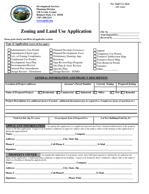 First page of the Zoning and Land Use Application