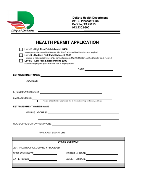 First page of the Health Permit Application