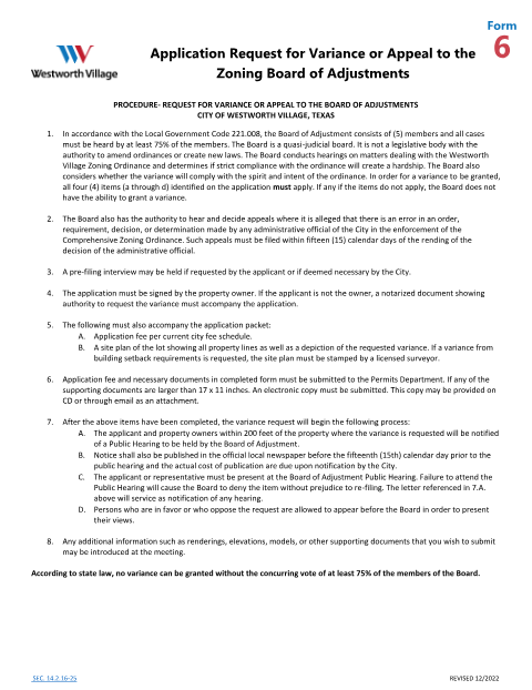 First page of the Variance or Appeal to the Zoning Board of Adjustment Application