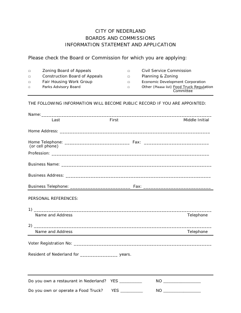 First page of the Boards and Commissions Information Statement and Application