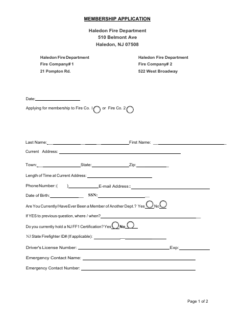 First page of the Haledon Fire Department Membership Application