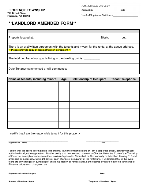 First page of the Landlord Amended Form