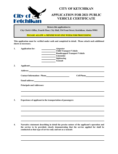First page of the Public Vehicle Certificate Application