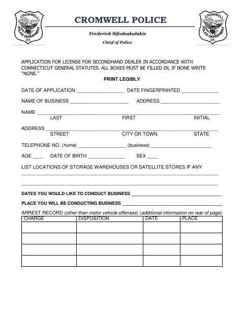 First page of the Secondhand Dealer License Application