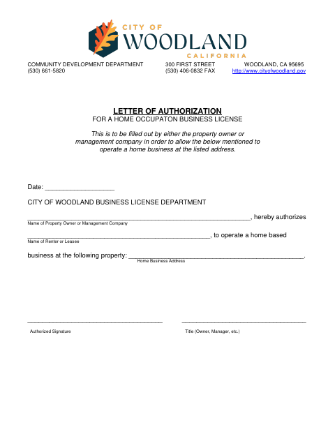 First page of the Letter of Authorization for a Home Occupation Business License