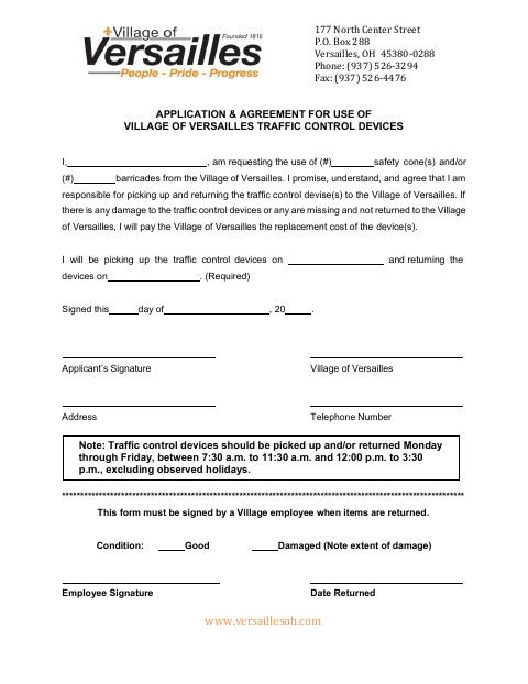 First page of the Application & Agreement for Use of Traffic Control Devices