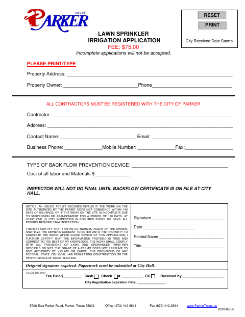 First page of the Lawn Sprinkler Irrigation Application