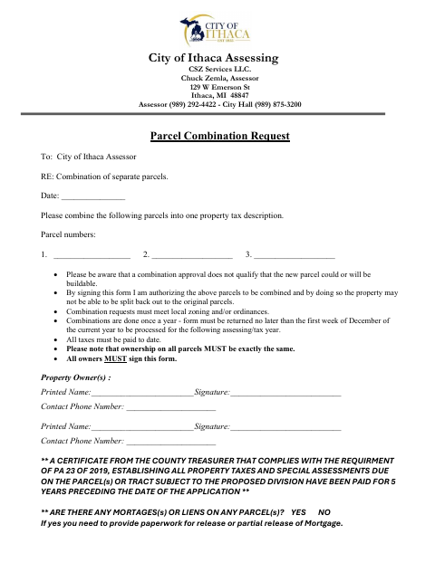First page of the Parcel Combination Request