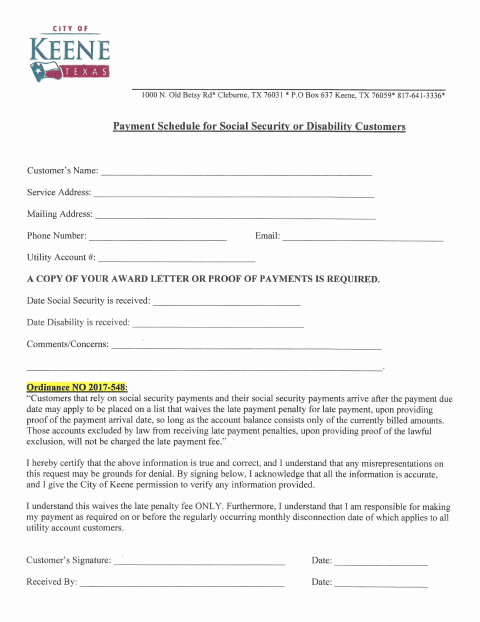 First page of the Social Security or Disability Payment Schedule Request