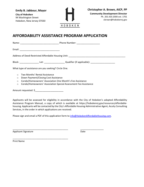First page of the Affordability Assistance Program Application