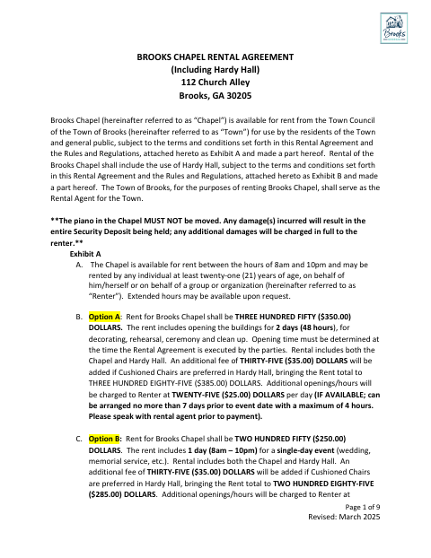 First page of the Brooks Chapel Rental Agreement