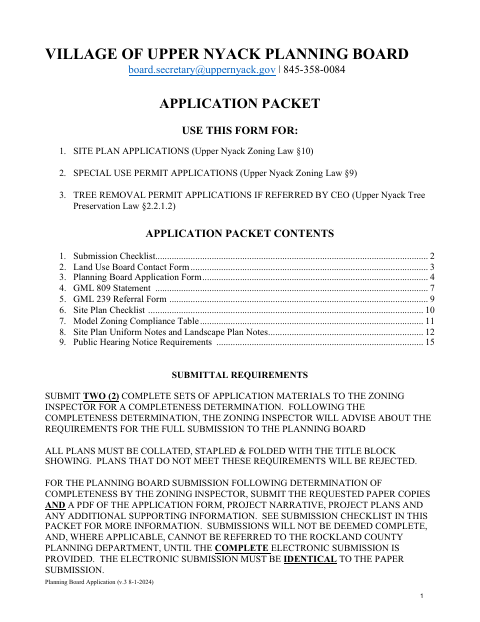 First page of the Planning Board Application Packet