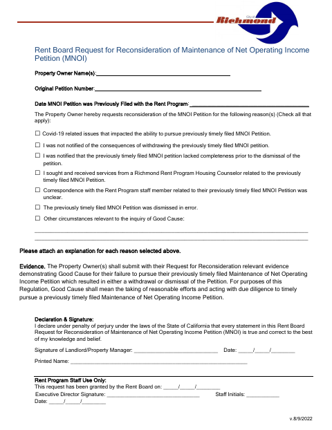 First page of the Rent Board Request for Reconsideration of Maintenance of Net Operating Income Petition