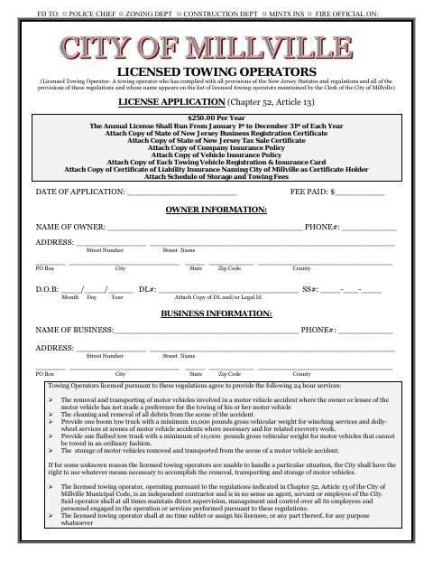 First page of the Licensed Towing Operators License Application