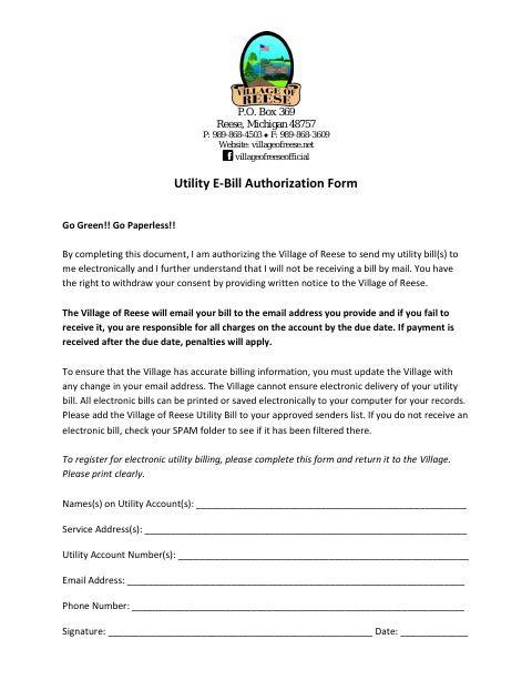 First page of the Utility E-Bill Authorization Form