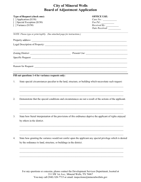 First page of the Board of Adjustment Application