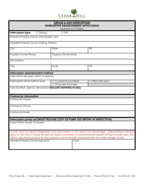First page of the Grease & Grit Interceptors Interceptor Abandonment Application