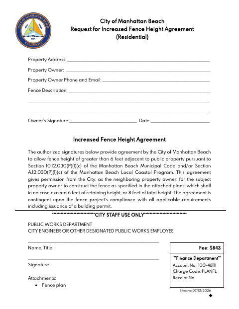First page of the Request for Increased Fence Height Agreement (Residential)