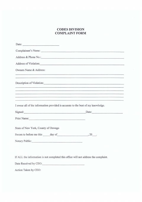 First page of the Codes Division Complaint Form