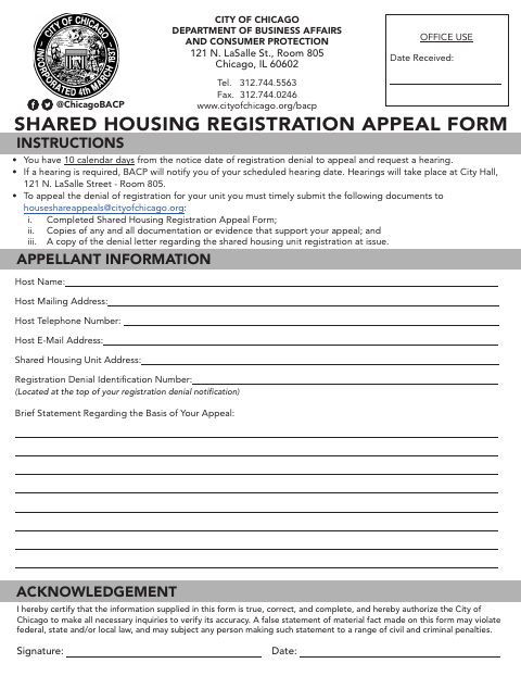 First page of the Shared Housing Registration Appeal Form
