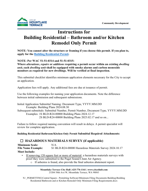 First page of the Building Residential Bathroom And/Or Kitchen Remodel Only