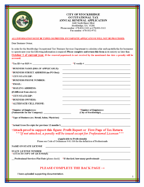 First page of the Occupational Tax Annual Renewal Application