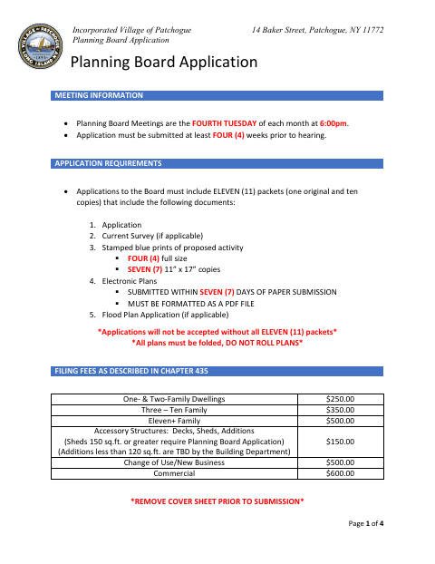 First page of the Planning Board Application