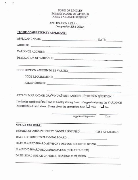 First page of the Area Variance Request Application