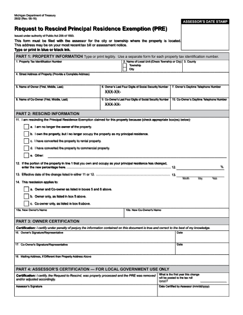 First page of the Request to Rescind Principal Residence Exemption