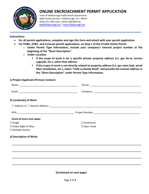 First page of the Online Encroachment Permit Application