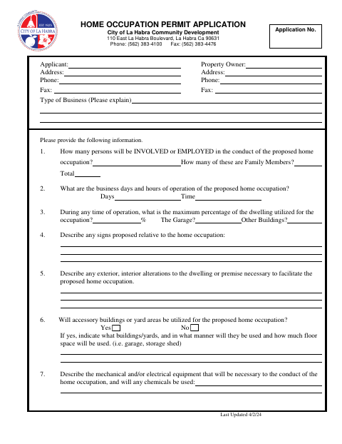 First page of the Home Occupation Permit Application