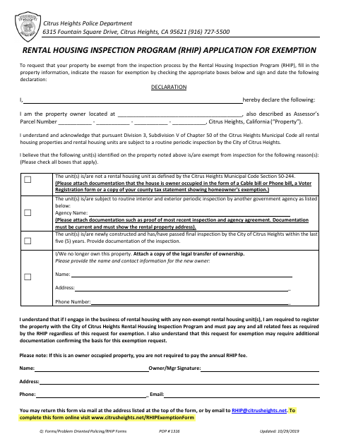 First page of the Rental Housing Inspection Program Application for Exemption