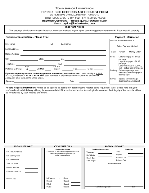 First page of the Open Public Records Act Request Form