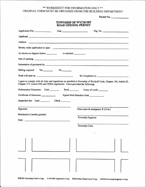 First page of the Road Opening Permit Form
