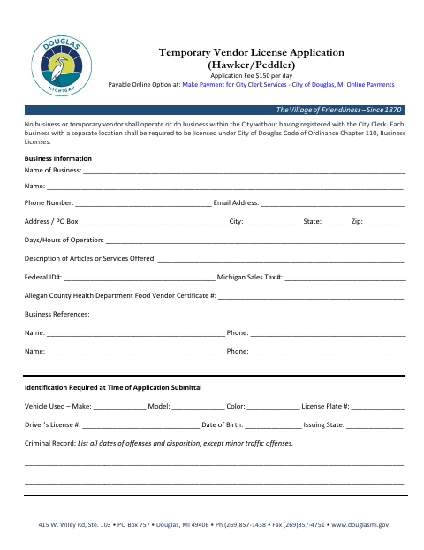 First page of the Temporary Vendor License Application (Hawker/Peddler)
