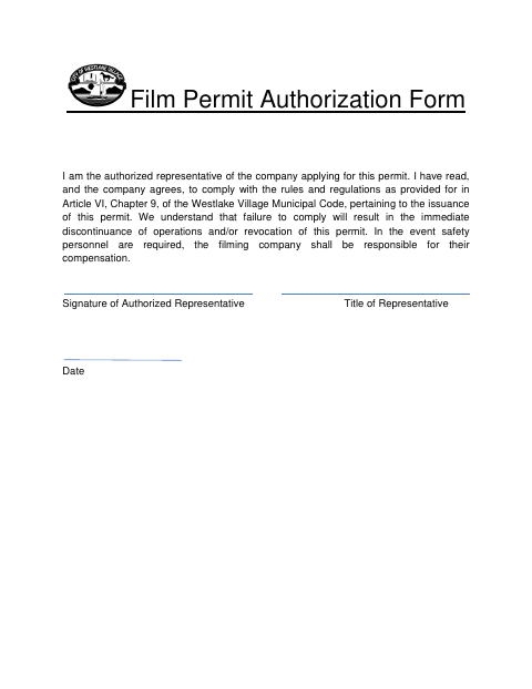 First page of the Film Permit Authorization Form