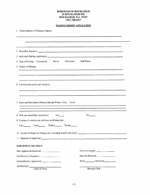 First page of the Filming Permit Application