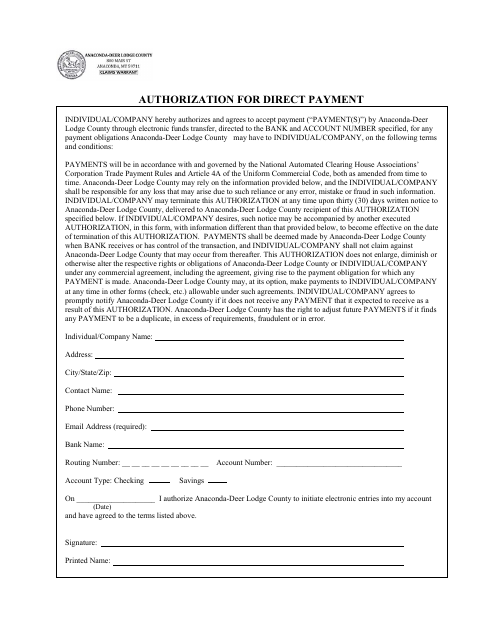 First page of the Direct Payment Authorization — Anaconda-Deer Lodge County