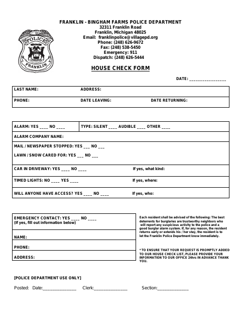 First page of the House Check Form