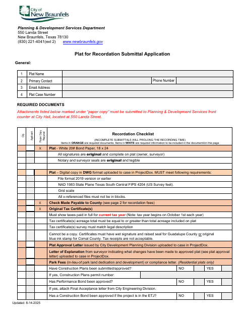 First page of the Plat for Recordation Submittal Application
