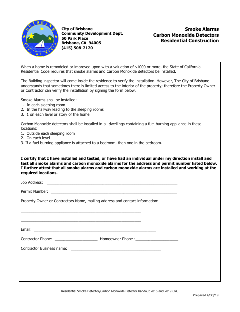 First page of the Smoke Alarm and Carbon Monoxide Detectors Affidavit